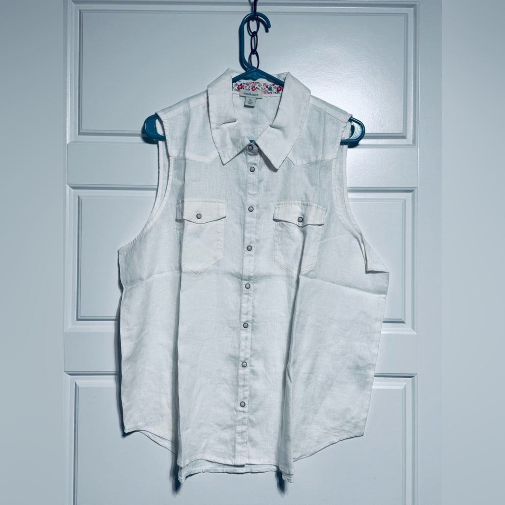 Sundance White Linen Sleeveless Button-Down Shirt
